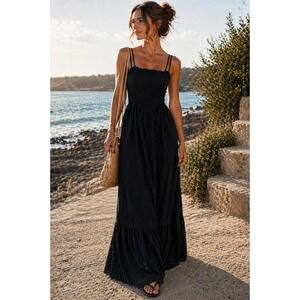 Line & Dot Black Maxi Dress Strappy Smocked Bloomingdales Sz L NWOT $300